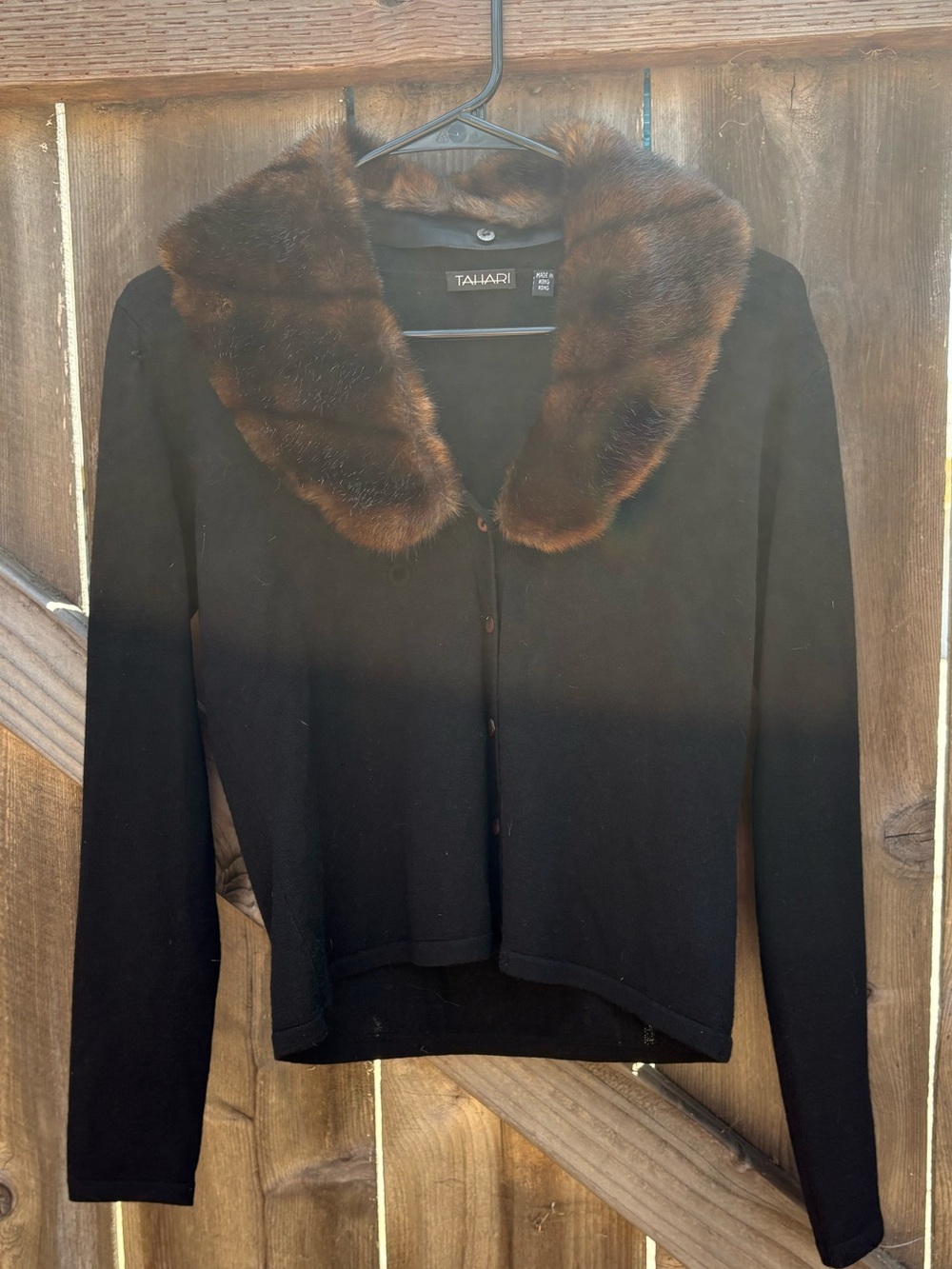 Tahari Black Cardigan with Brown Fur-Trim Collar